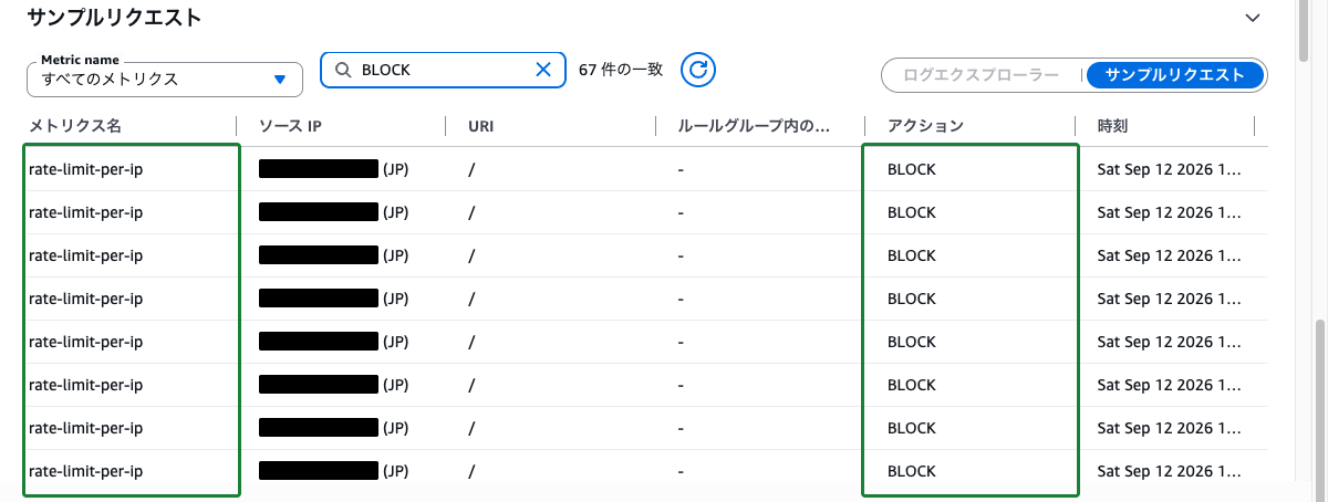 サンプルリクエスト（rate-limit-per-ip でブロックされたリクエストが表示されている状態）