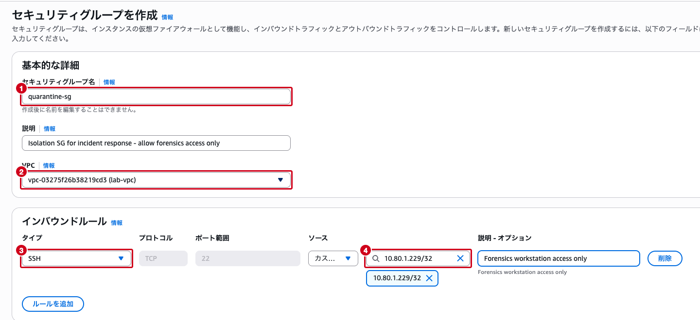 quarantine-sgのインバウンドルール入力画面（フォレンジックワークステーションのIPのみ許可）