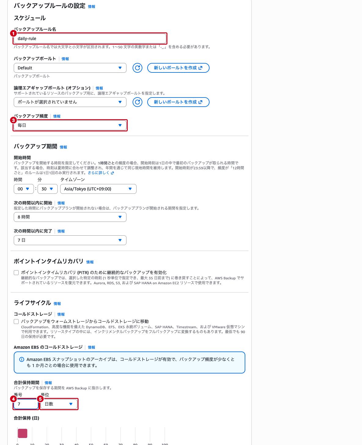 バックアップルール設定画面（頻度、保持期間の入力）
