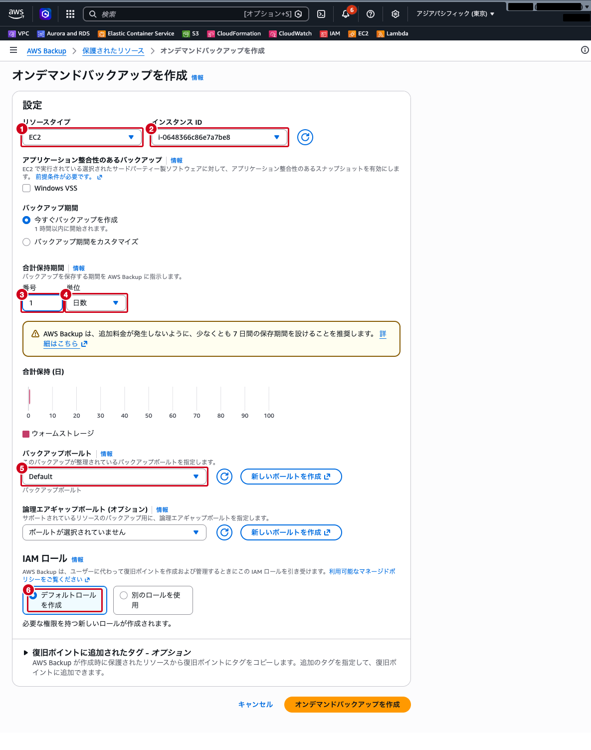 オンデマンドバックアップ作成画面（リソースタイプとインスタンスの選択）