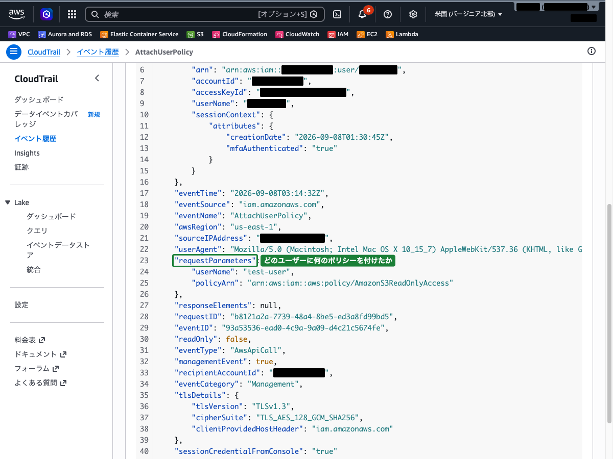 AttachUserPolicy イベントのイベントレコードJSON(requestParameters に userName と policyArn が表示されている状態)