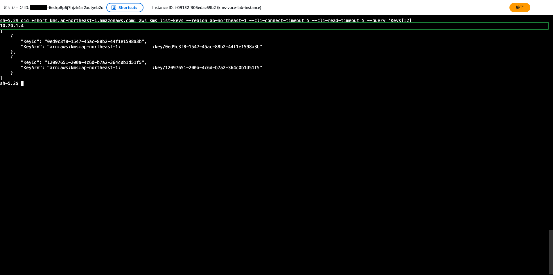 エンドポイント作成後にKMS APIが成功し、名前解決がプライベートIPになっている状態のターミナル