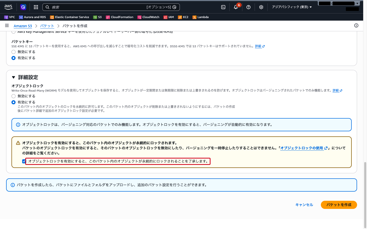 詳細設定のオブジェクトロック（「有効にする」を選択し確認チェックを入れた状態）