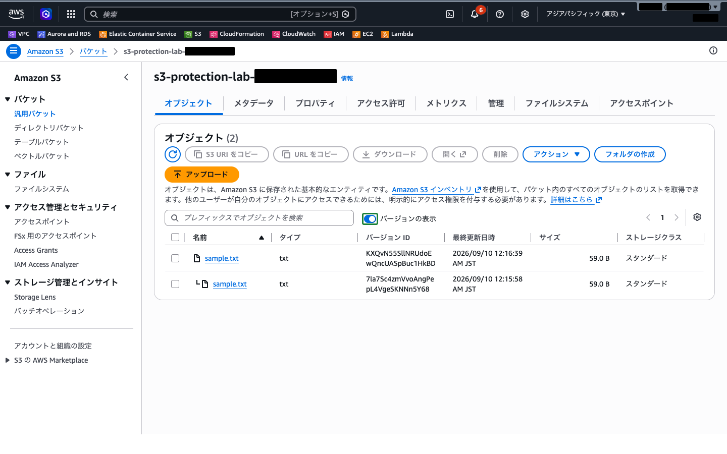 バージョンを表示したオブジェクト一覧（同一キーに2つのバージョンが存在する状態）
