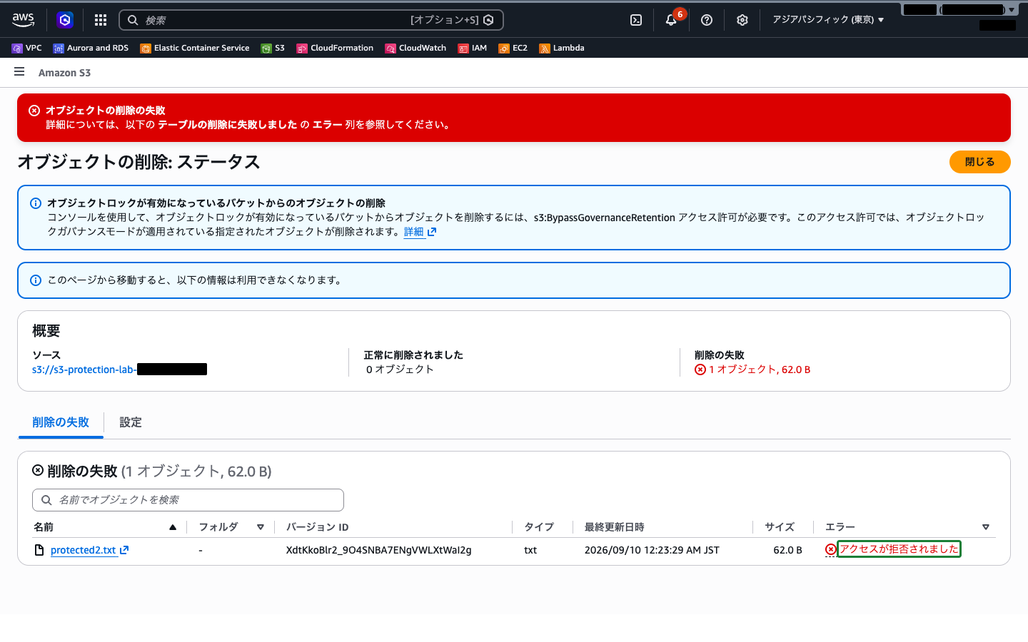 バージョン削除の失敗結果（保持中のためアクセス拒否となった状態）