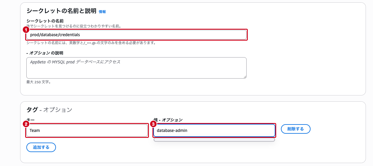 シークレット名とタグの設定画面（Team=database-admin）
