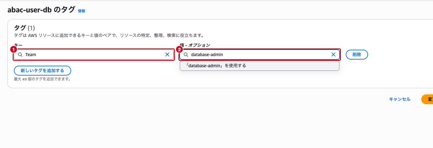 abac-user-db のタグ設定画面（Team=database-admin）