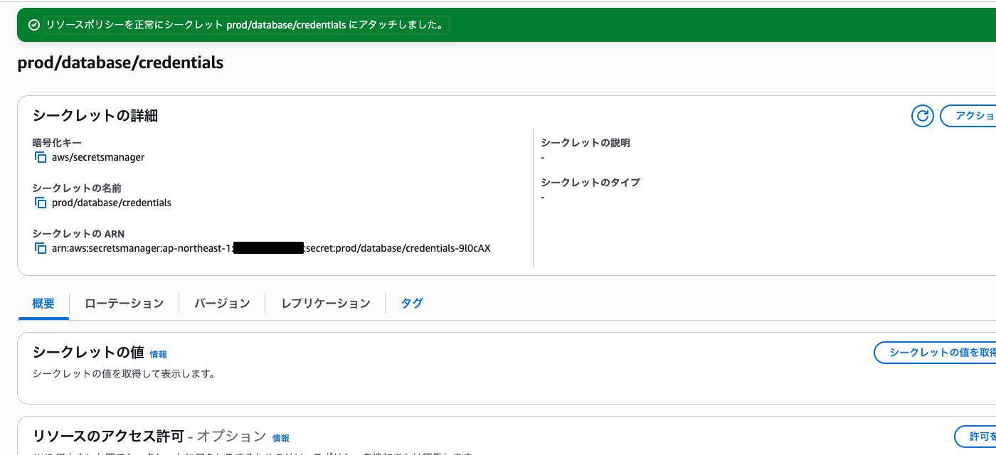 リソースポリシー保存完了後のシークレット詳細画面
